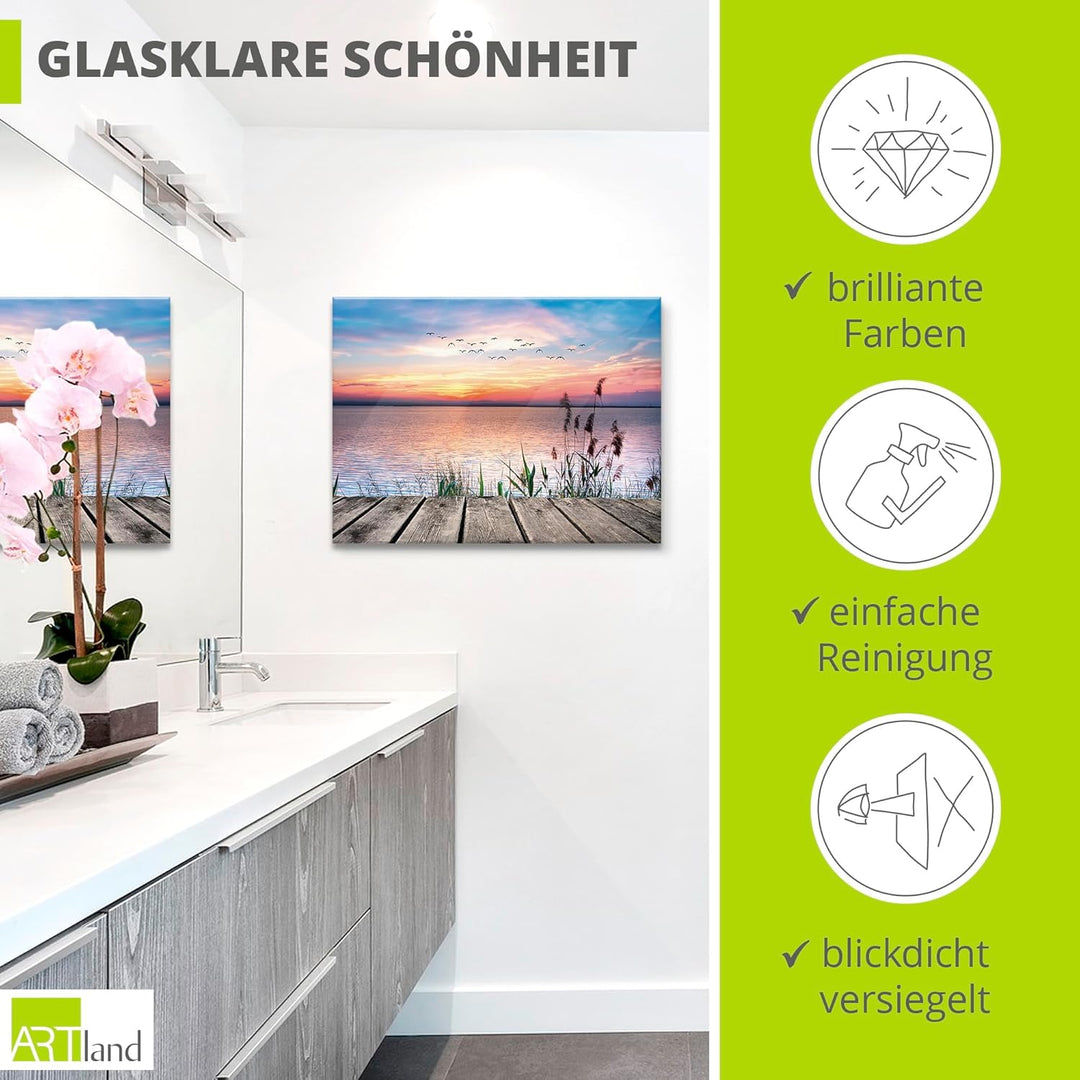 Glasbilder Wandbild Glas Bild einteilig 80x60 cm Querformat Natur Steg Landschaft See Himmel Sonnena