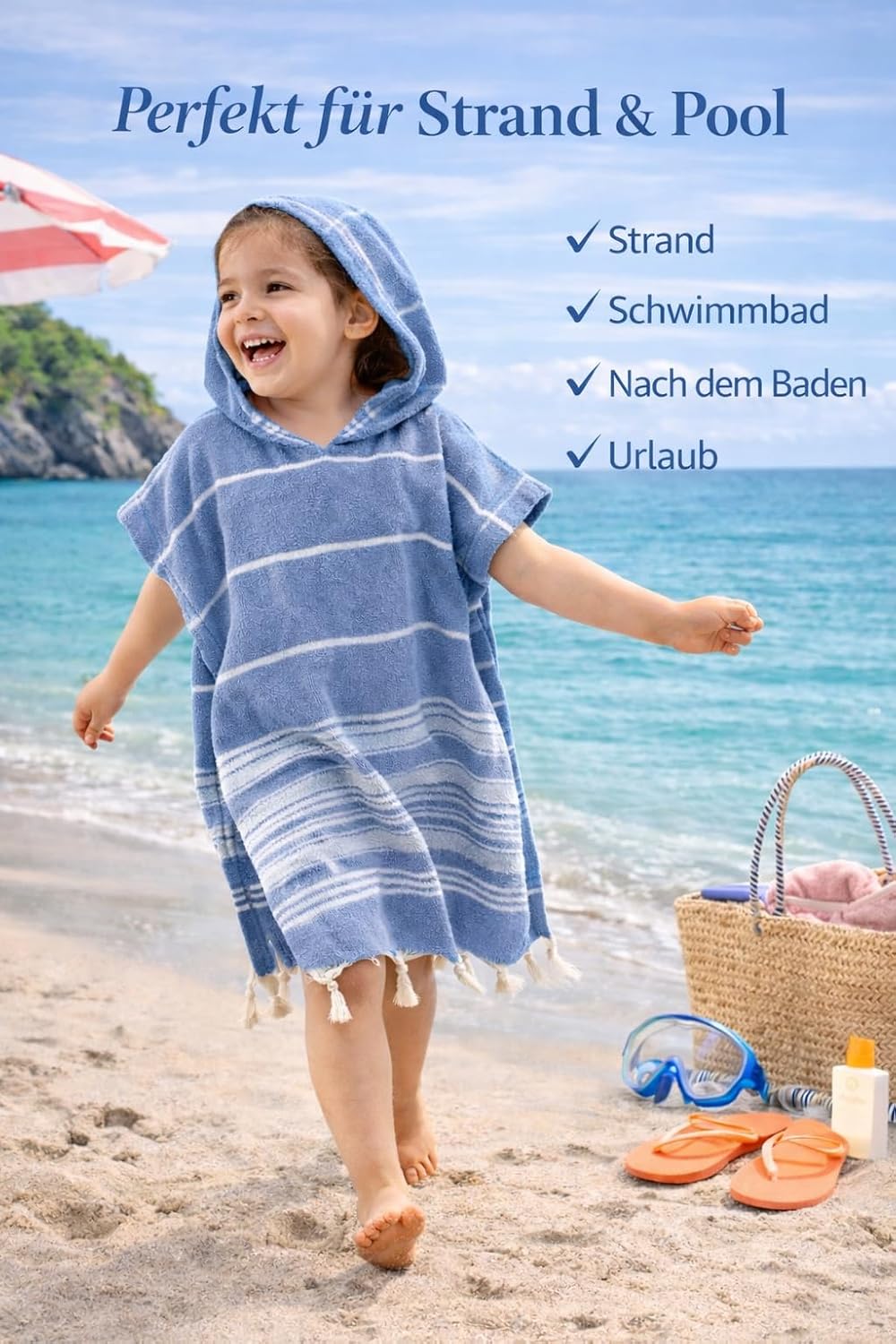 ELY PARKER Strandponcho für Kinder - 100% Baumwolle Strandtuch &amp; Strandkleid - Saugstarkes Badeponch
