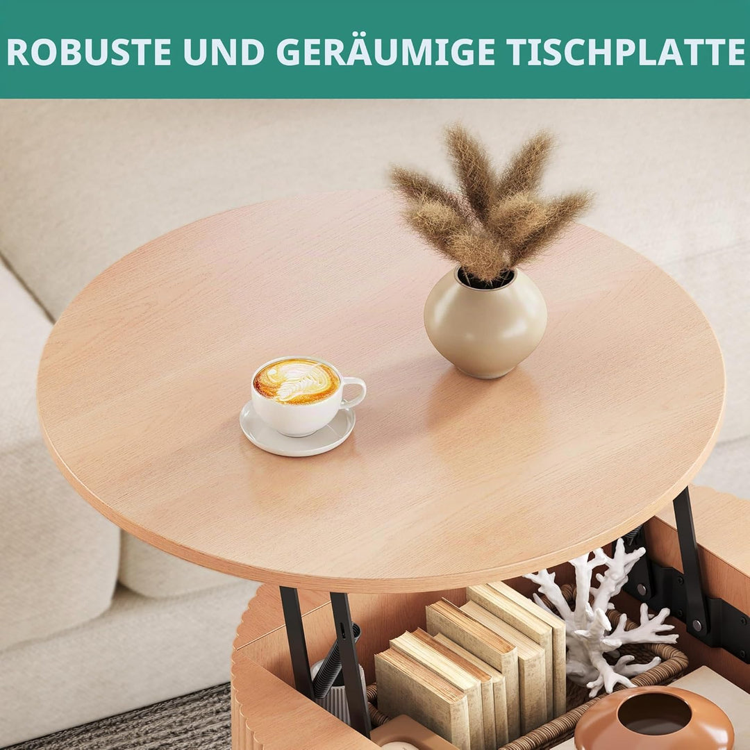 YITAHOME Couchtisch Höhenverstellbar, Couchtisch Rund mit geriffeltem Design und verstecktem Staurau