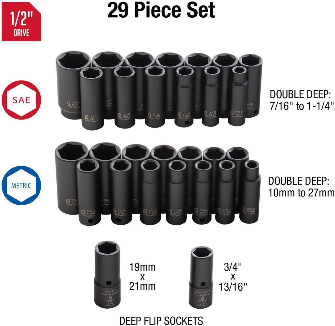 Sunex 5153DD 1/2 Antrieb Fraktionierte Metrisches Tief Master Impact Socket Set, 29 SAE & Metric Mas
