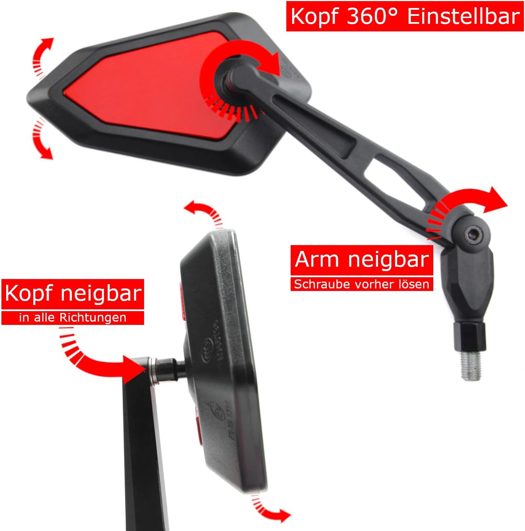 Area1 Universal Motorrad Rückspiegel Paar e-geprüft 2x M10 Rechtsgewinde + Linksgewindeadapter, pass