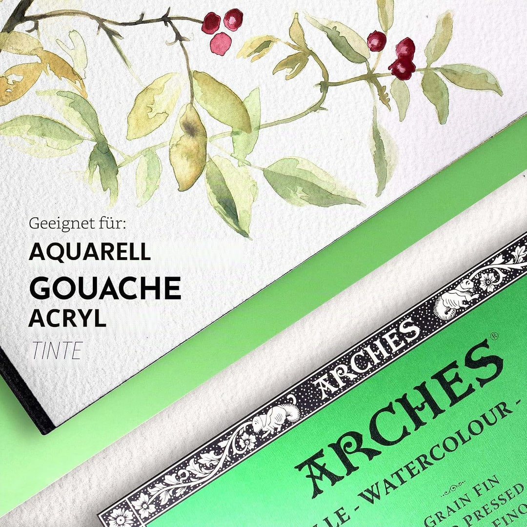 Arches 1795057 Aquarellpapier im Block (15 x 30 cm, 4-seitig geleimt, 300g/m² Feinkorn) 20 Blatt nat