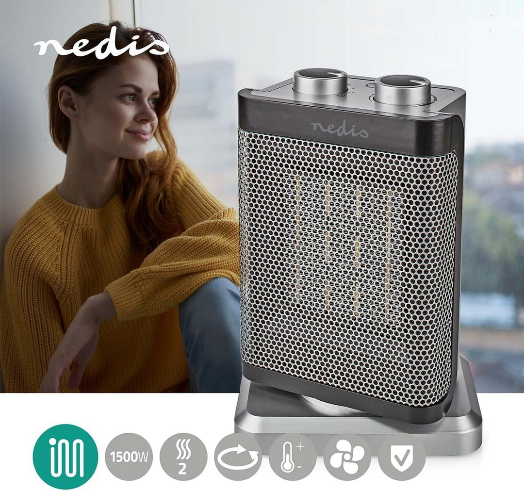 Nedis HTFA17GY - Keramik-PTC-Heizlüfter - 1000/1500 W - 2 Heizstufen - Einstellbares Thermostat - Os