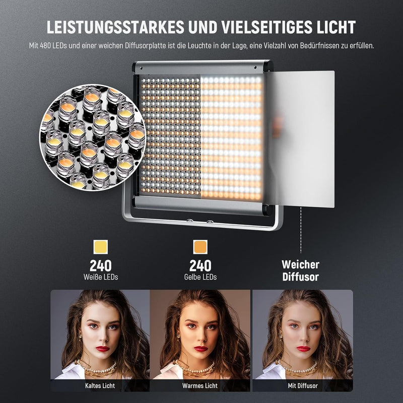 NEEWER 2er Pack dimmbares zweifarbiges 480 LED Videolicht und Ständerbeleuchtungsset beinhaltet: 320