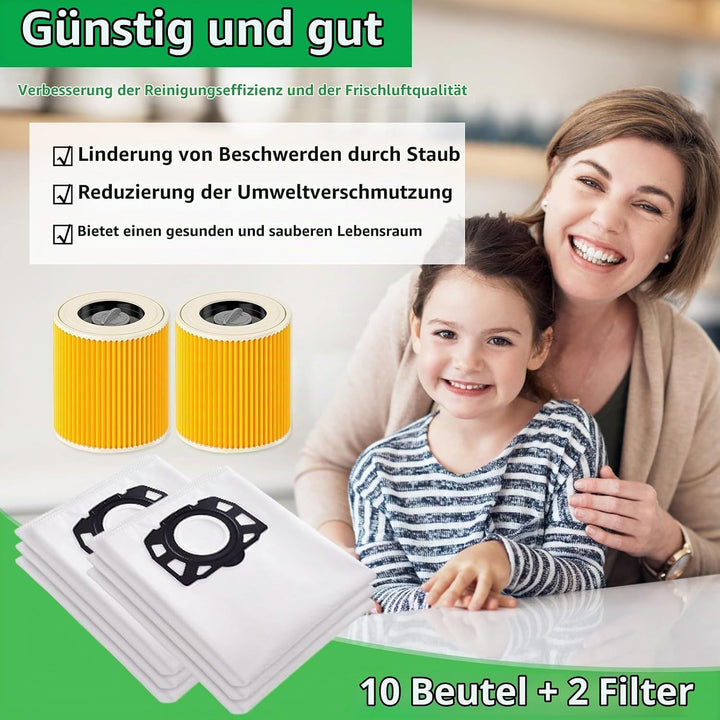 10 Staubsaugerbeutel mit 2 Filter Ersatz für Kärcher WD3 WD2 WD1 MV2 MV3 SE 4002, Filterset KFI 357