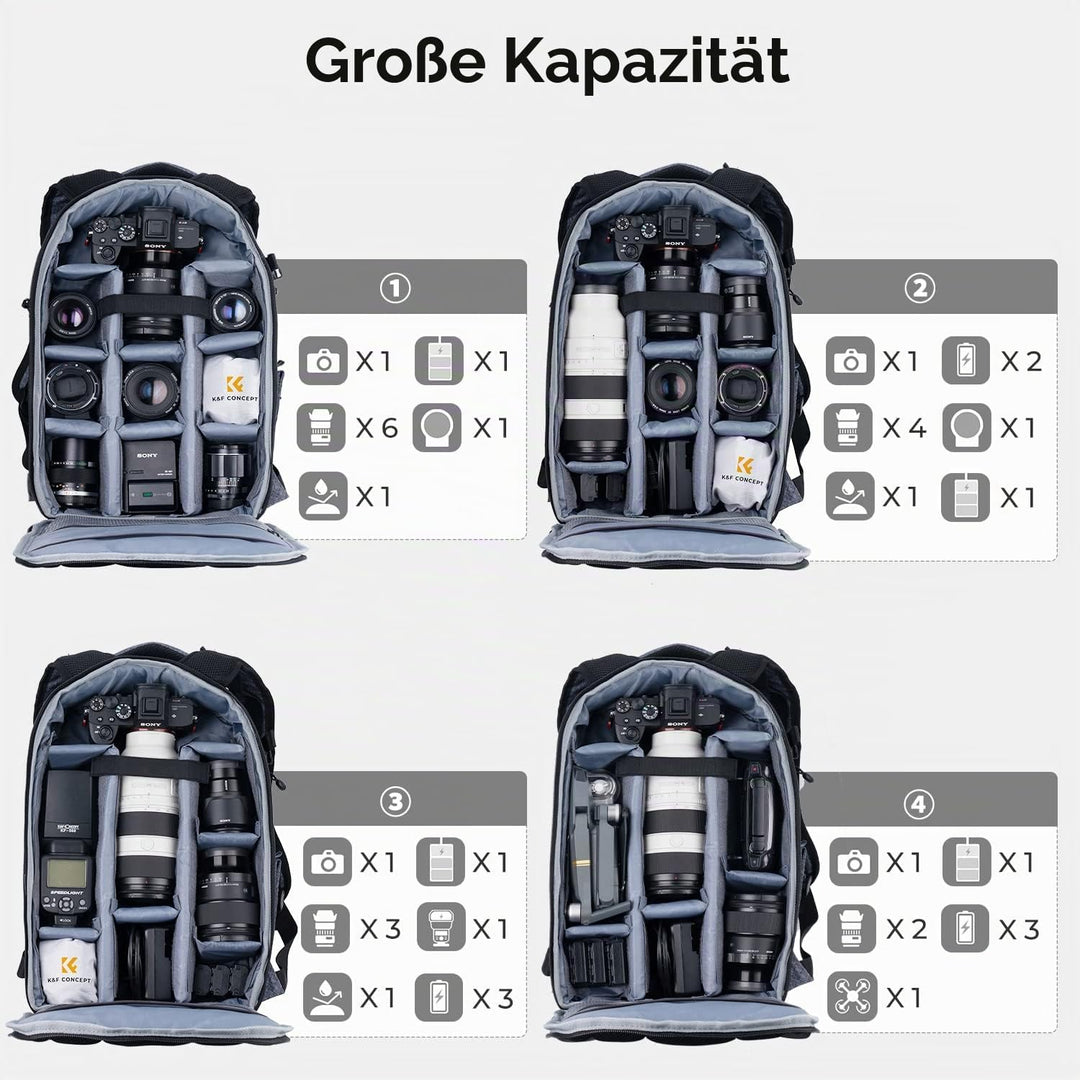 K&F CONCEPT 18L Kamerarucksack, Fotorucksack mit 15.6 Zoll Laptopfach, Grosse Kapazität Camera Backp