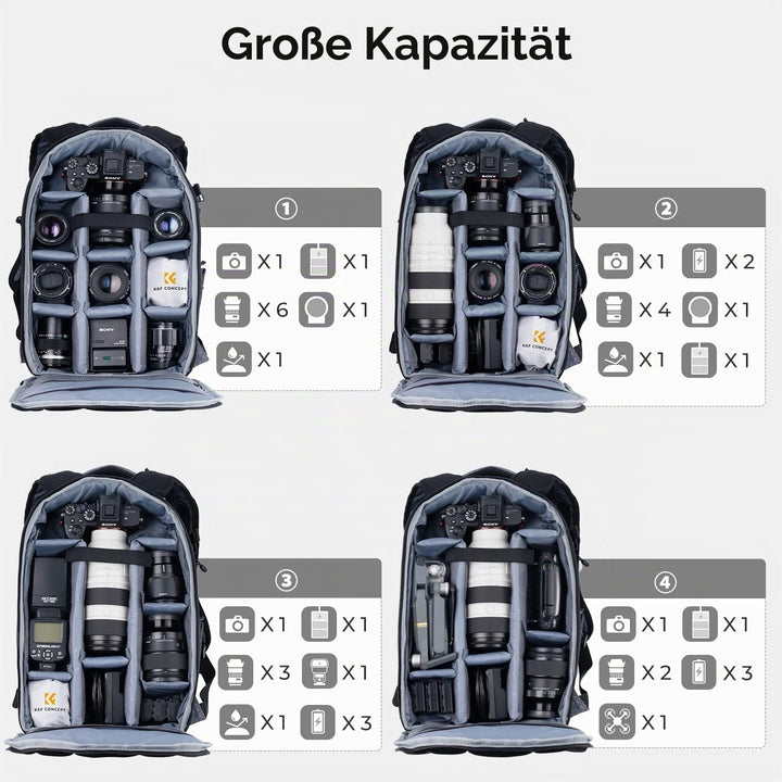 K&F CONCEPT 18L Kamerarucksack, Fotorucksack mit 15.6 Zoll Laptopfach, Grosse Kapazität Camera Backp