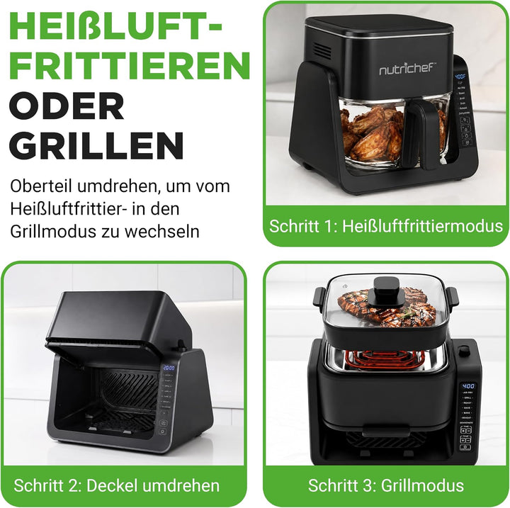 Nutrichef Heissluftfritteuse + Elektrogrill, 4L Airfryer mit Sichtfenster bis 360°C, 7 Programme, An