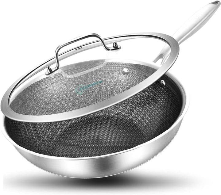LOLYKITCH Hybrid Wokpfanne 26 cm mit Deckel, Wok Edelstahlpfanne mit Antihaft-Wabenstruktur, Für Ind