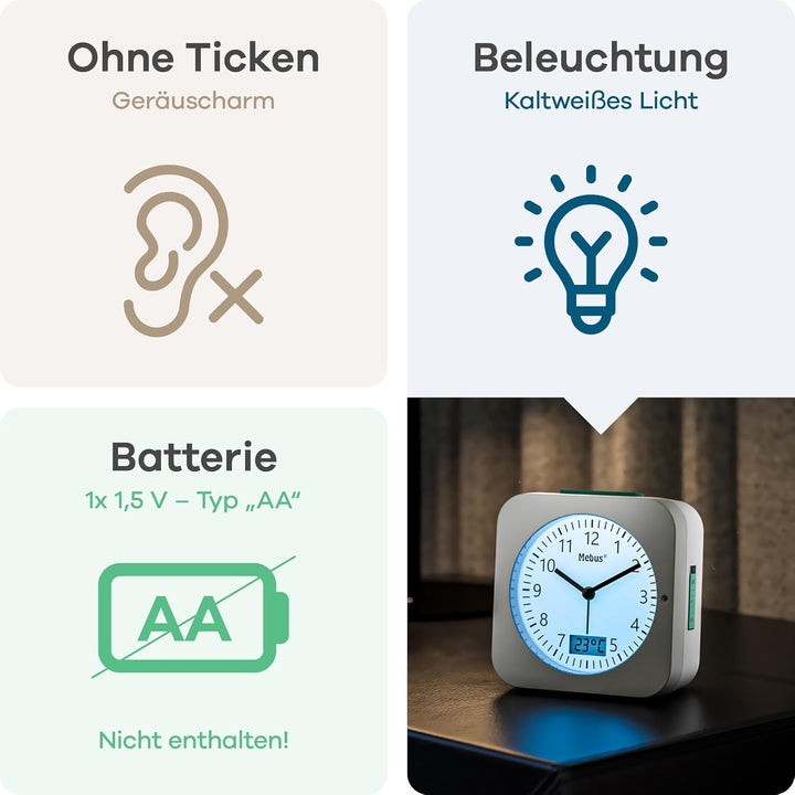 MEBUS Funk-Wecker mit Temperaturanzeige, Datum, Reisegrösse, Batteriebetrieben, Schlummer-Wecker, gr