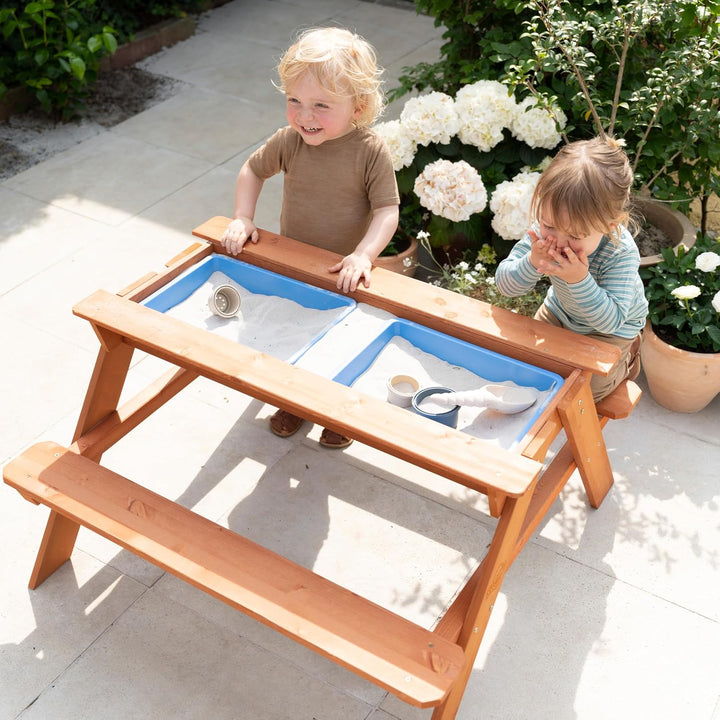 Sunny Dave Kinder Sand &amp; Wasser Picknicktisch aus Holz - Braun | Wasserspieltisch &amp; Sandtisch mit De