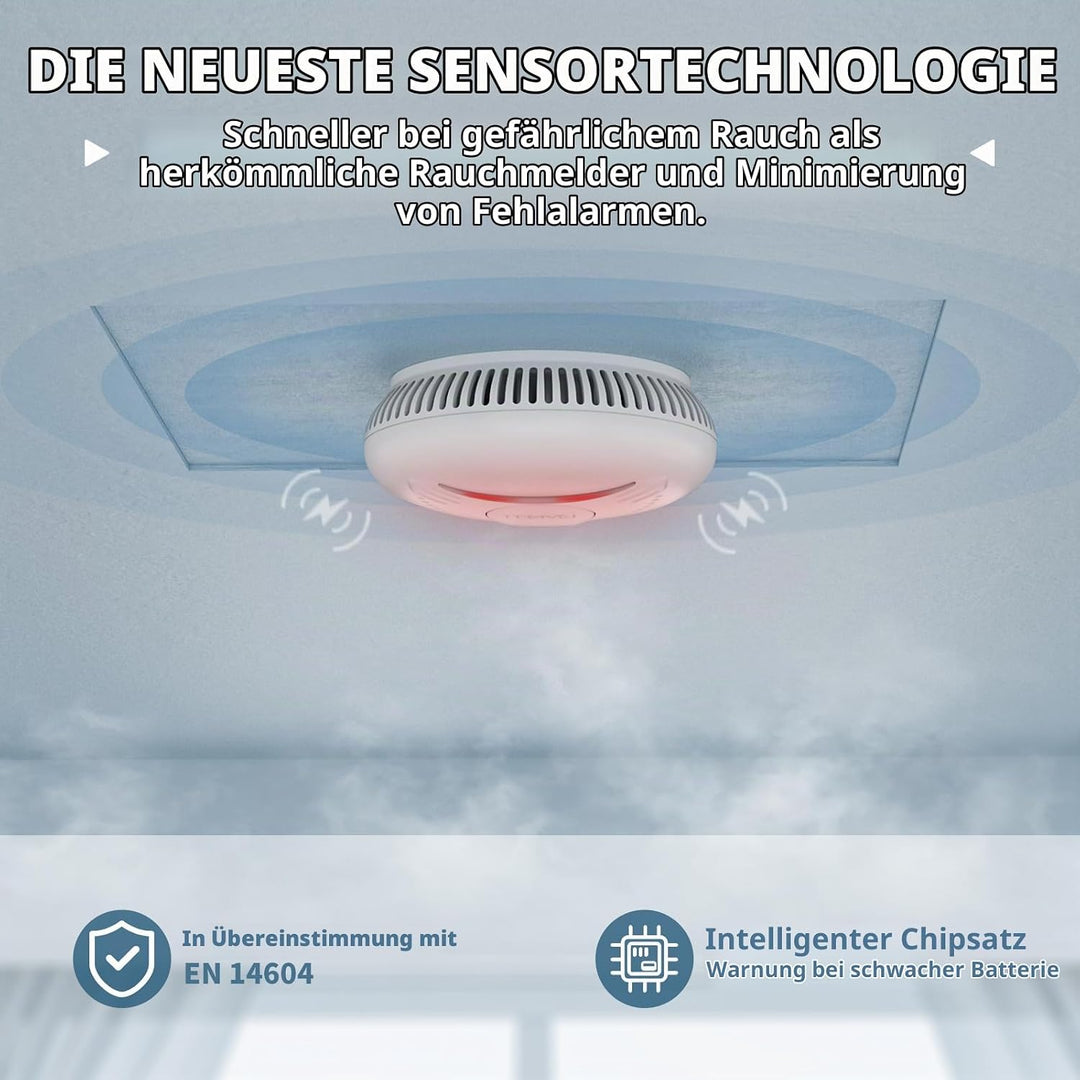 5er Set Rauchmelder 10 Jahre Batterie, Rauchwarnmelder Feuermelder mit Fotoelektrischem Sensor, TÜV