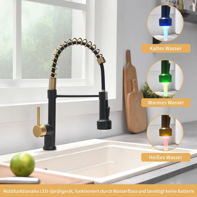 AIMADI LED Wasserhahn Küche Küchenarmatur 360° Schwenkbar mit Spiralfeder Herunterziehen Brause Arma