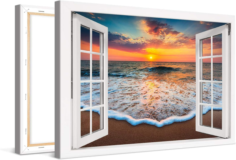 PICANOVA – Bild auf Leinwand Sonnenuntergang am Meer Fenster 60x40cm – Leinwandbild – Premium Leinwa