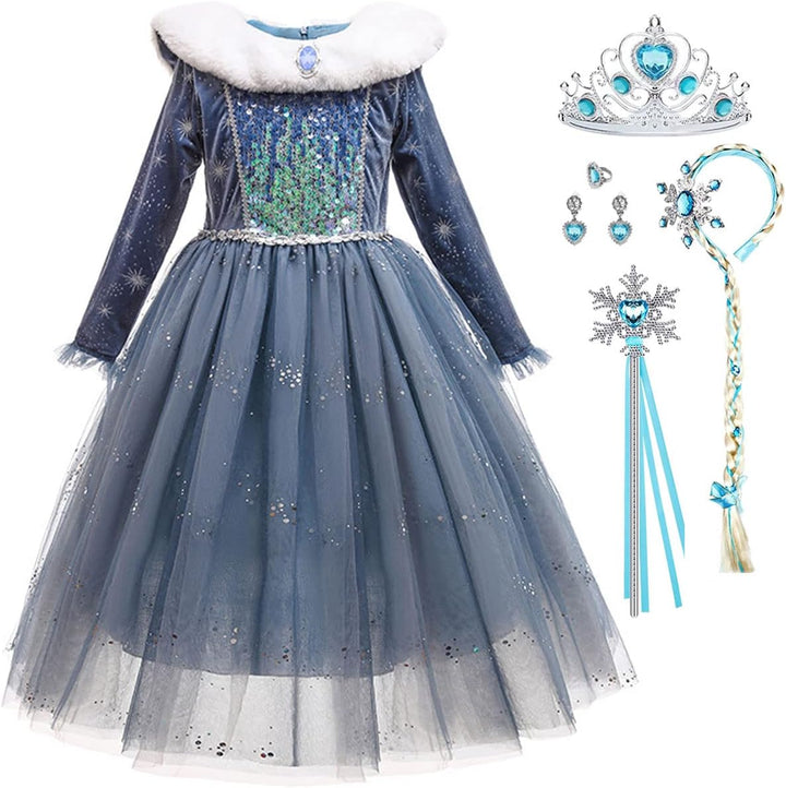 Snyemio Elsa Kostüm Mädchen Prinzessin Eiskönigin Kinder Kleid Eisprinzessin Verkleidung Langarm für