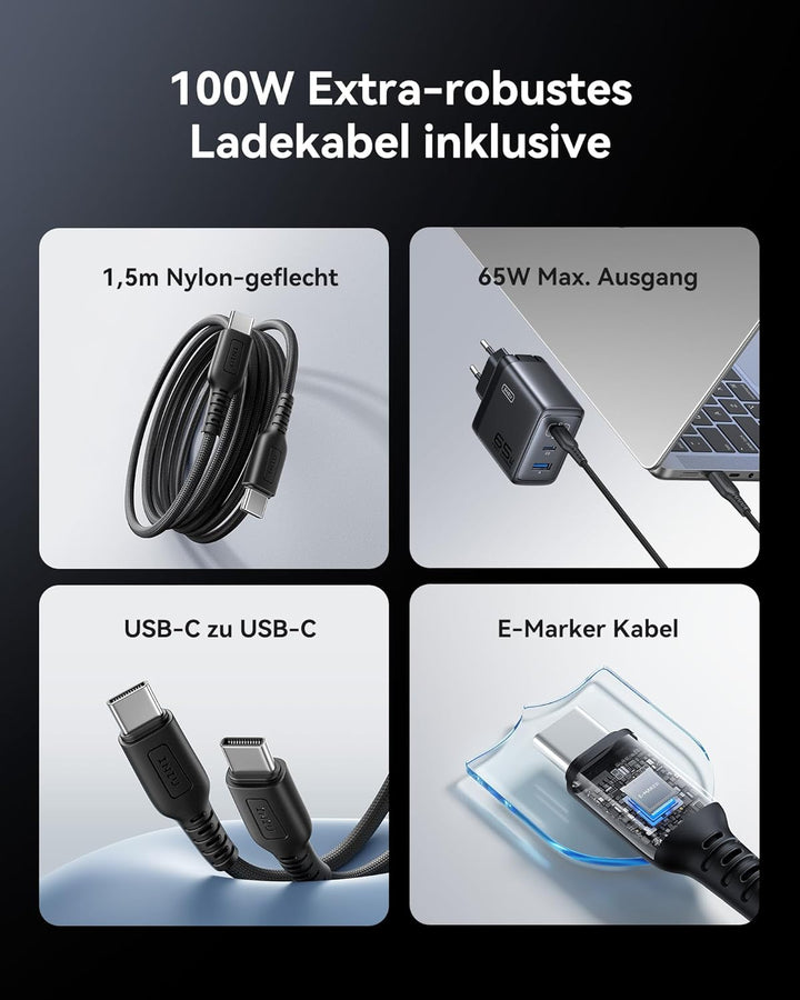 INIU 65W USB C Ladegerät, [USB-C * 2 + USB-A] Netzteil Mehrfach mit USB-C Kabel, PD 3.0 Schnellladeg