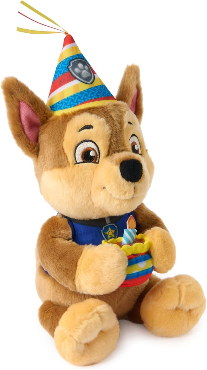 PAW PATROL Chase Kuscheltier im Geburtstagsoutfit, ab 3 Jahren | 23 cm gross | Mit Partyhut & Plüsch