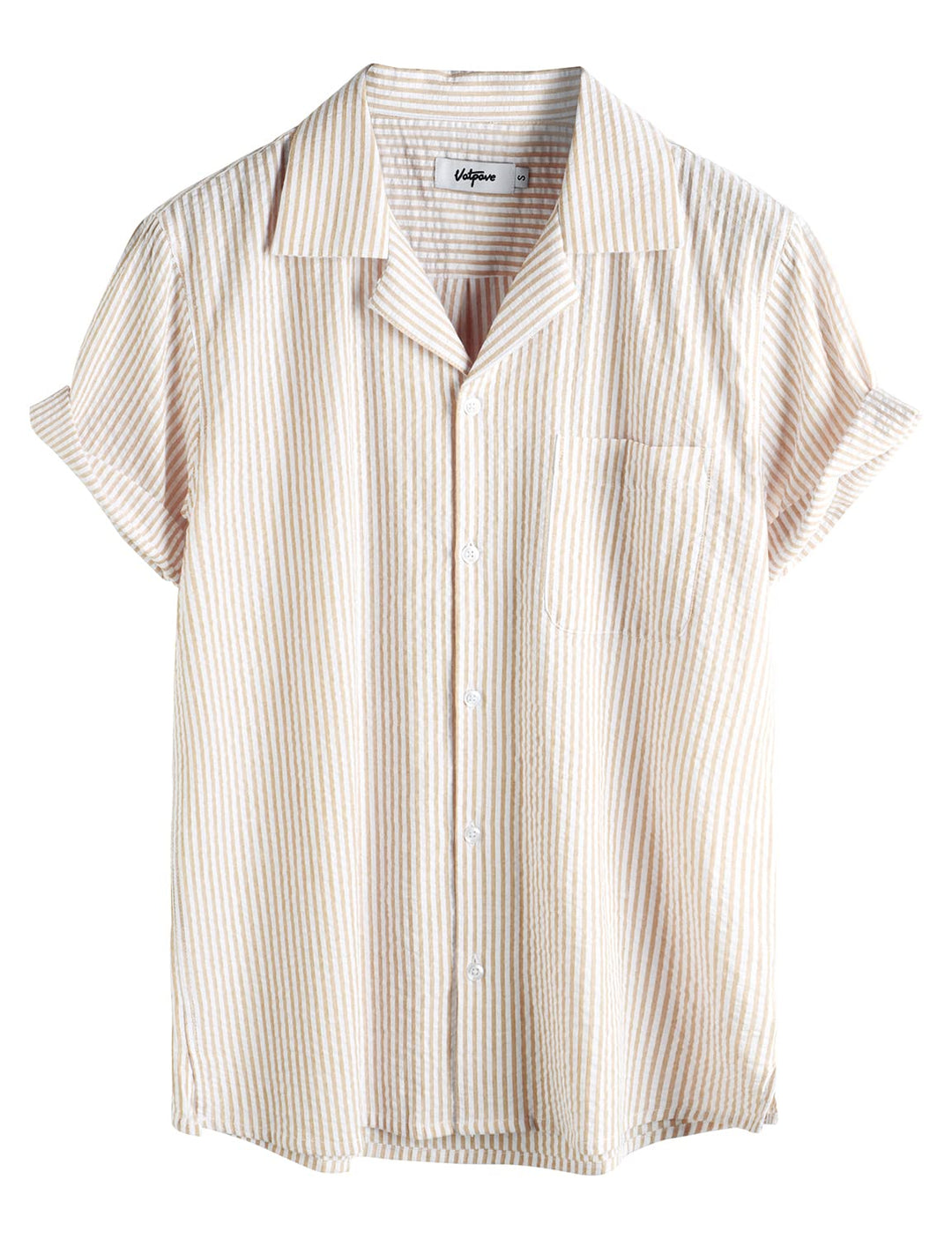 VATPAVE Herren Gestreifte Sommerhemd Casual Button Down Kurzarm Strand HawaiiHemd S Khaki, S Khaki
