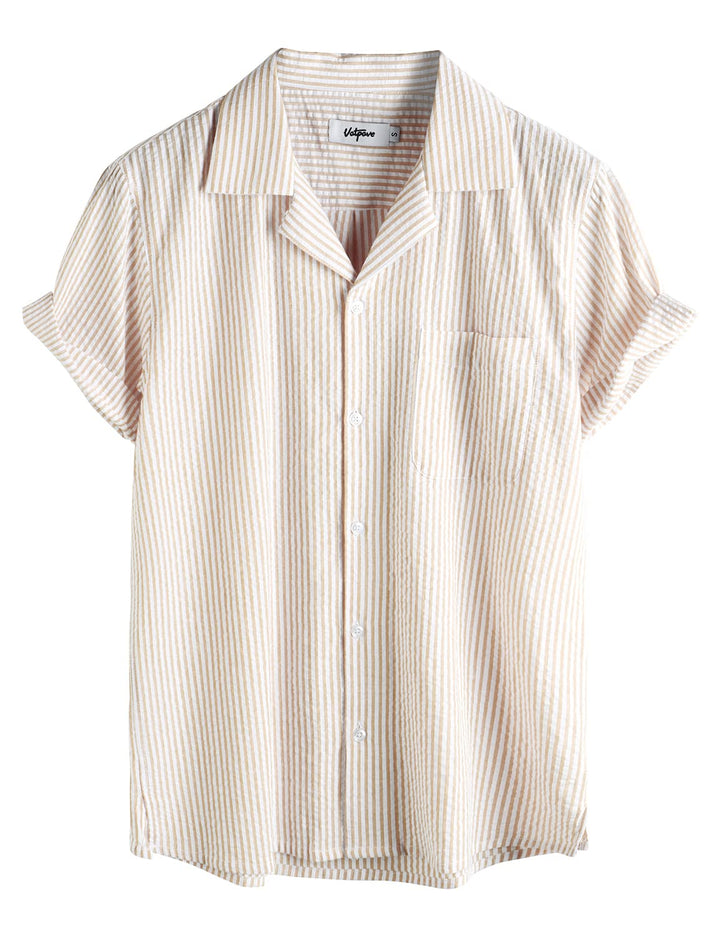 VATPAVE Herren Gestreifte Sommerhemd Casual Button Down Kurzarm Strand HawaiiHemd S Khaki, S Khaki
