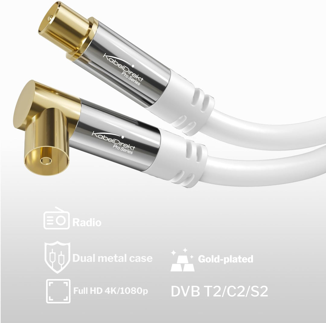 KabelDirekt – 4K Antennenkabel, Koaxialkabel, TV Kabel 90° gewinkelt/gerade – 10m – In Deutschland e