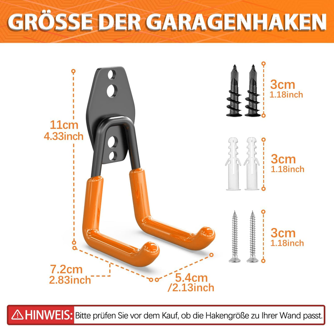 3-H Wandhaken Garage, Wandhaken Schwerlast, Haken 8 Stück Gerätehaken Garage Storage Doppelhaken für