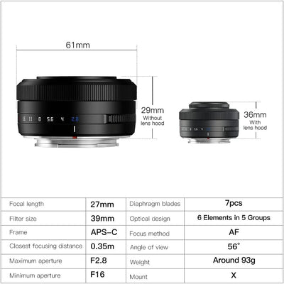 TTartisan 27mm F2.8 Autofokus-Objektiv, kompatibel mit Fuji X-Mount-Kameras XS10 X-A5 X-A7 X-M1 X-M2