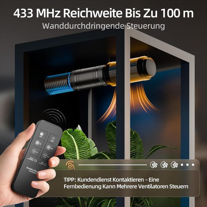 Rohrventilator 100mm – Bidirektionaler Ventilator, 6-Stufen Lüfter, 433MHz Fernbedienung, Inline Abl