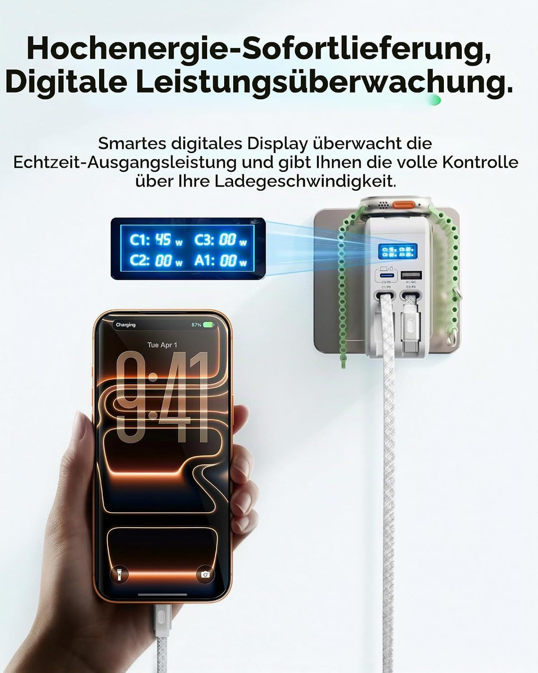 HATALKIN 67W Einziehbares Ladegerät mit Apple Watch Ladegerät,USB Ladegerät Netzteil mit Dual Typ-C