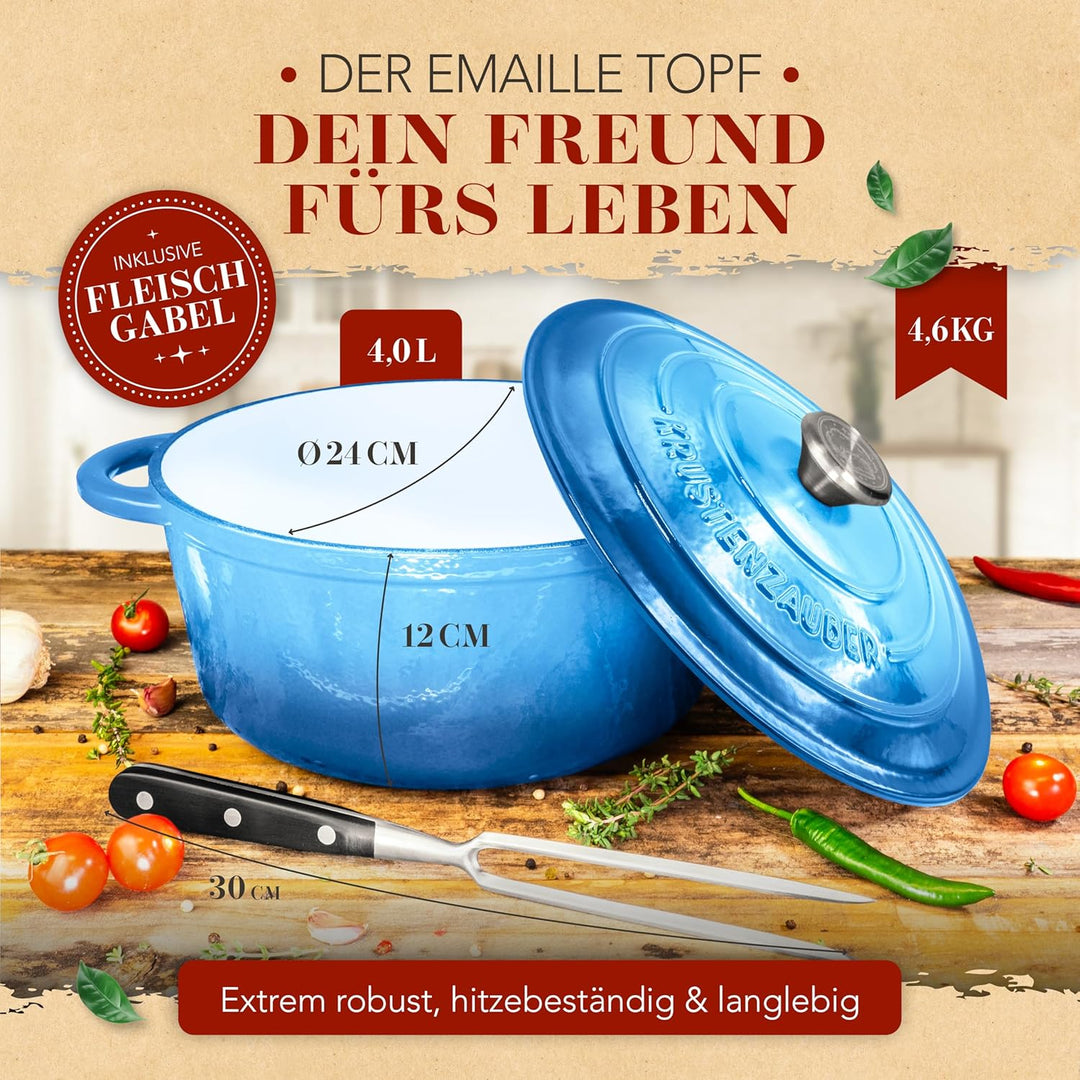 KRUSTENZAUBER Gusseisen Topf [inkl. Fleischgabel] - Hochwertiger 24cm Schmortopf backofengeeignet -