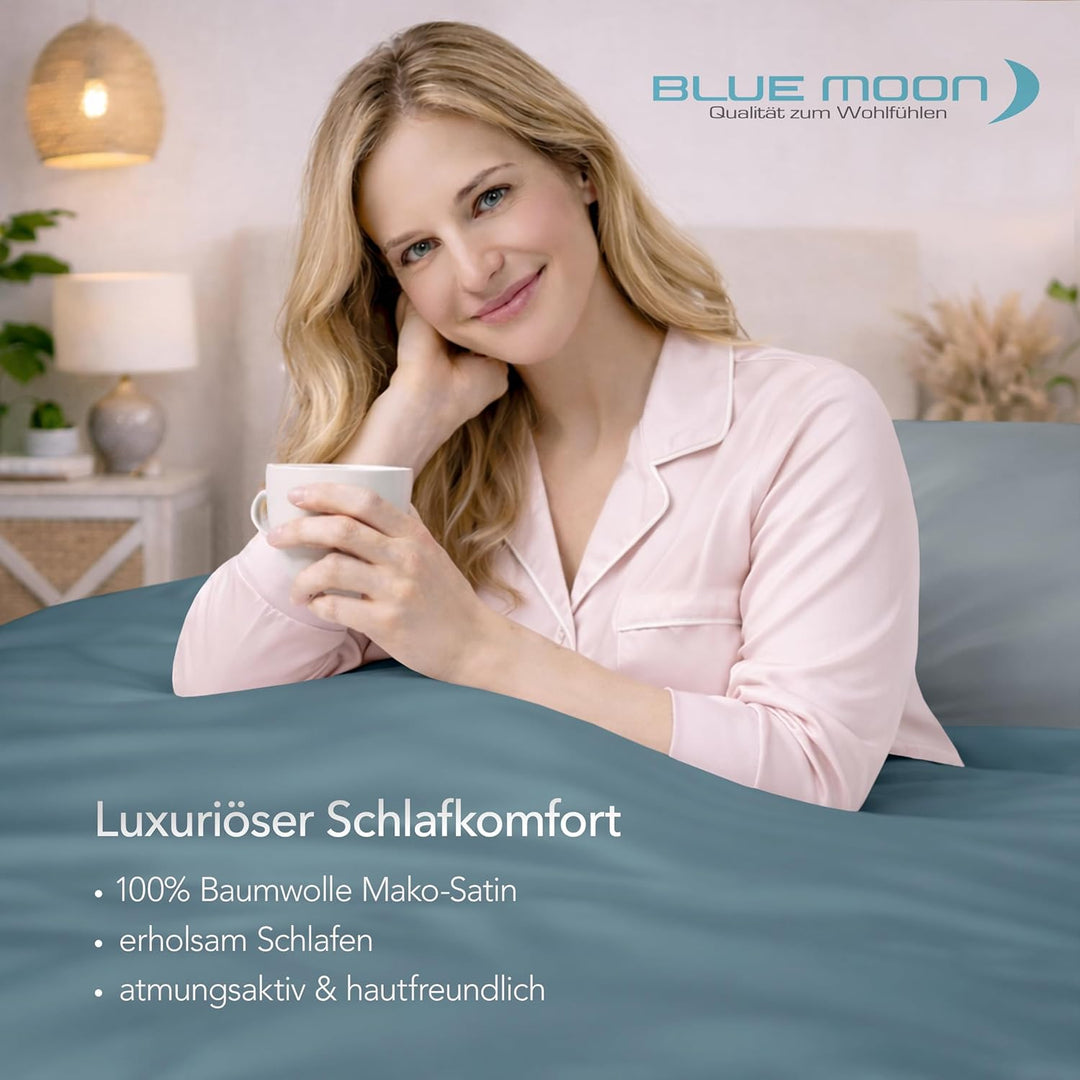 BLUE MOON Premium Bettwäsche 140x200 cm Satin 100% Baumwolle Wendebettwäsche - Made in EU - 1x Bettb
