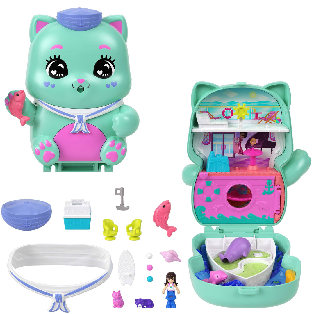 Polly Pocket Puppen und Spielset, Matrosenkatze-Schatulle, Spielzeug für unterwegs mit 1 kleinen Pup
