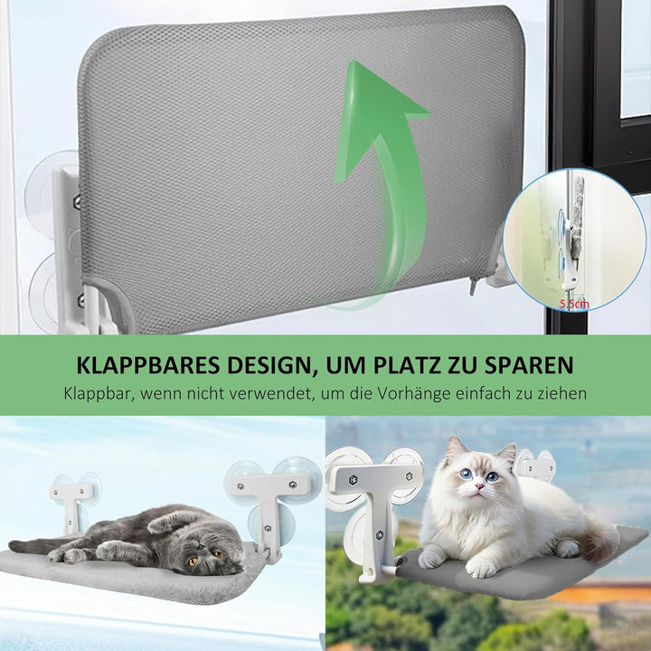 Katzen Hängematte Fensterliege mit 6 Starken Saugnäpfen,Faltbares Katzen Fensterbett, 52x30cm Grau –