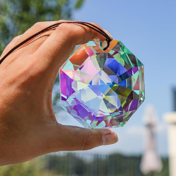 HDCRYSTALGIFTS 80mm Regenbogenprisma Sonnenfänger für das Fenster AB farbige grosse Kristalloktagonp