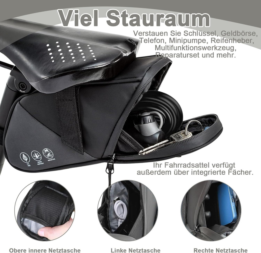 Wasserdichte Fahrradsatteltasche mit Reflektorstreifen – Langlebige Sattel-Pouch für Mountain-, Stra