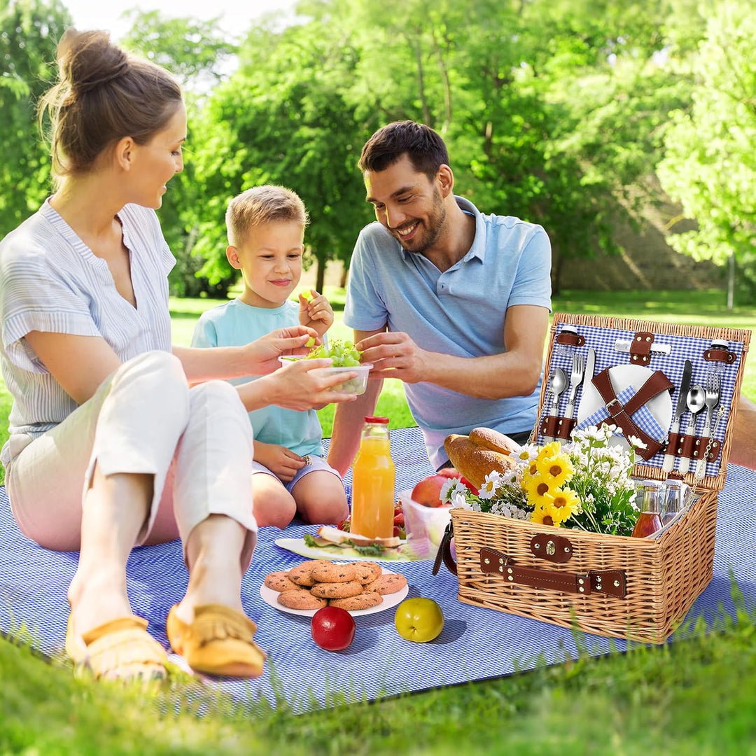 Picknickkorb für 4 Personen, handgeflochtener Korb mit eingebauter Isolierung und wasserdichter Deck