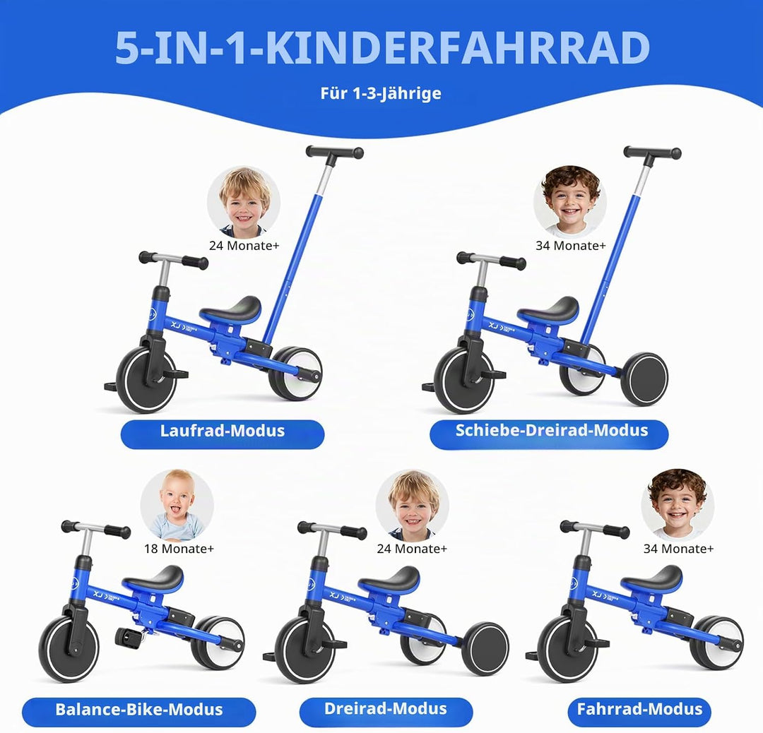 XJD Kleinkind Dreirad ab 1 2 3 Jahr, 5-in-1-Kleinkindfahrrad mit verstellbarem Schiebegriff, Laufrad
