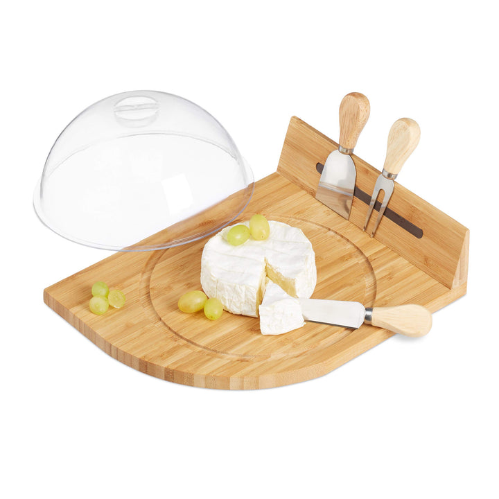 Relaxdays Käseglocke mit Bambus Käsebrett, Parmesanbrecher, Käsemesser, Käsegabel, magnetische Käsea