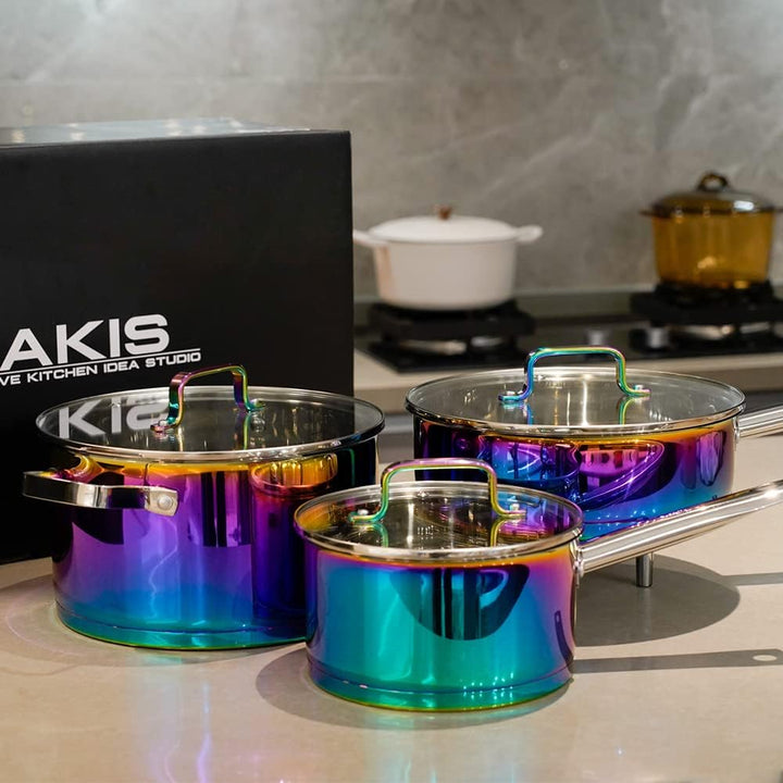AKIS Dazzling Regenbogen Edelstahl 6 teilig Pfanne Topfset 1 Kochtopf, 1 Pfanne, 1 Stieltopf mit 3 G