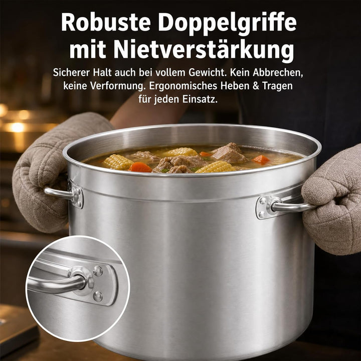 Edelstahl Suppentopf 98L, Gastronomie Kochtopf Suppentopf Gross mit Griffen und Sinkendeckel, Ø 51.5