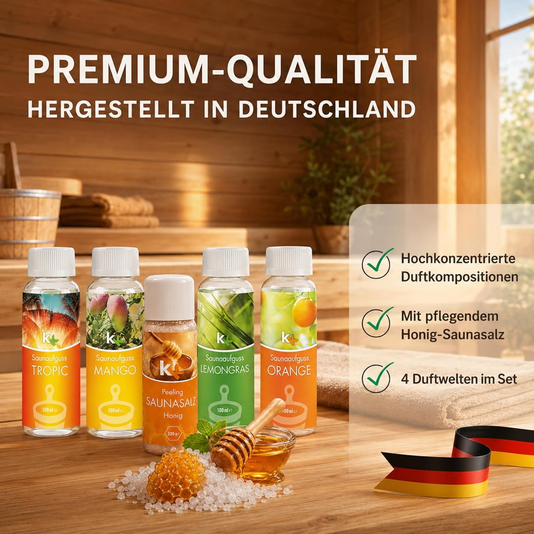 KK Sauna -Set mit Salz Peeling | KK Saunaaufgussset"Karibik" 4 x 100 ml + 200 g KK Saunasalz"Honig"