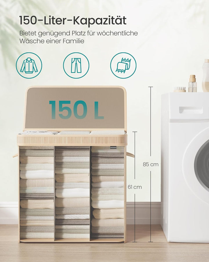 SONGMICS Wäschekorb mit Deckel, Wäschesammler Bambus, Wäschesack herausnehmbar und maschinenwaschbar