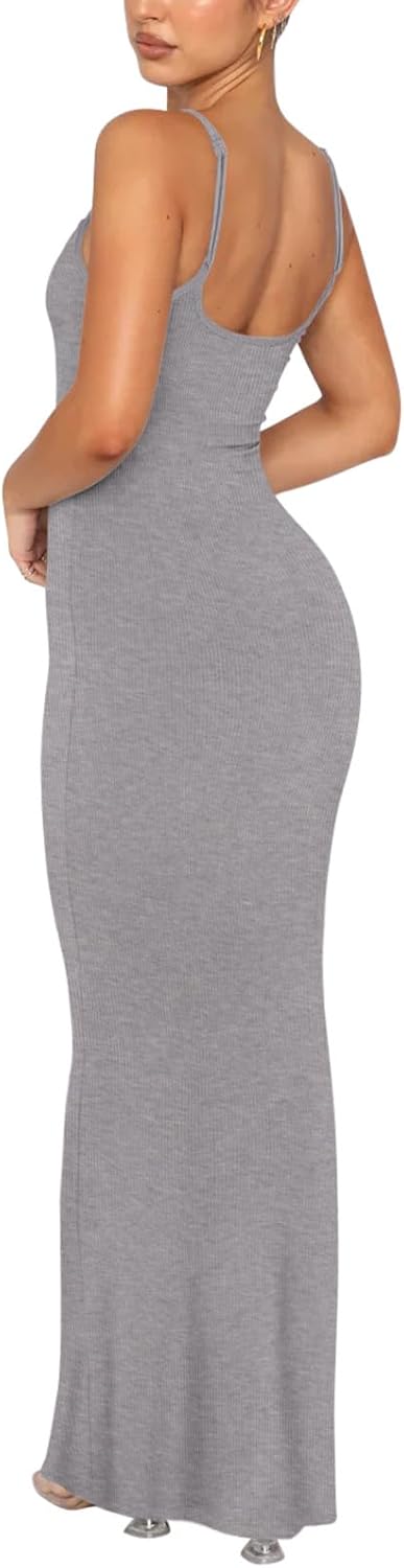 REORIA Damen Sexy Lounge Slip Langes Kleid Elegantes Hochzeitsgast ärmelloses rückenfreies Geripptes
