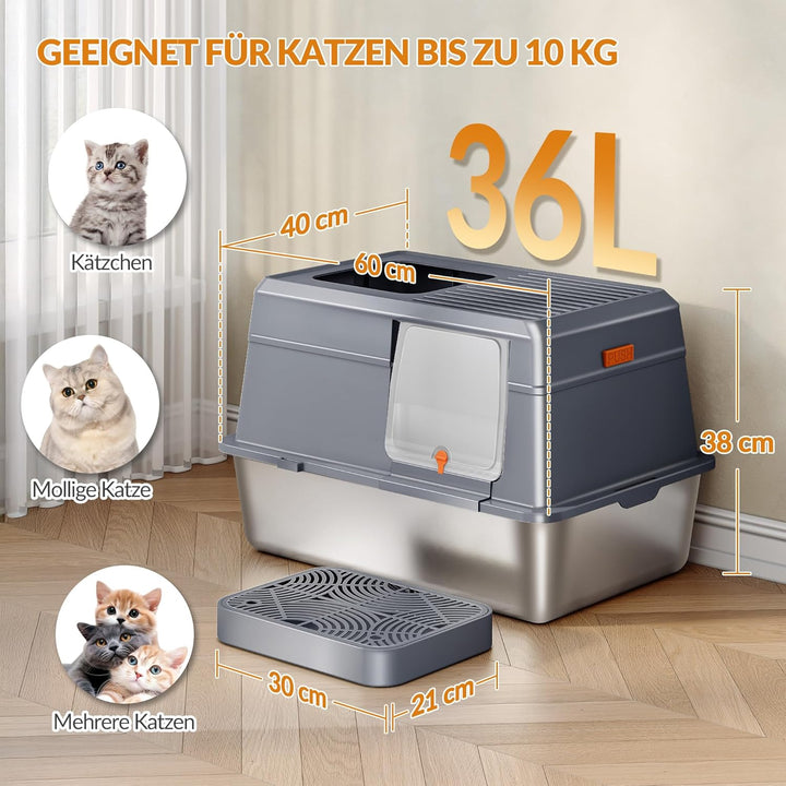 Katzenklo Edelstahl mit Deckel, XXL Geschlossene Katzenklo, Katzentoilette mit Trittstufe und Schauf