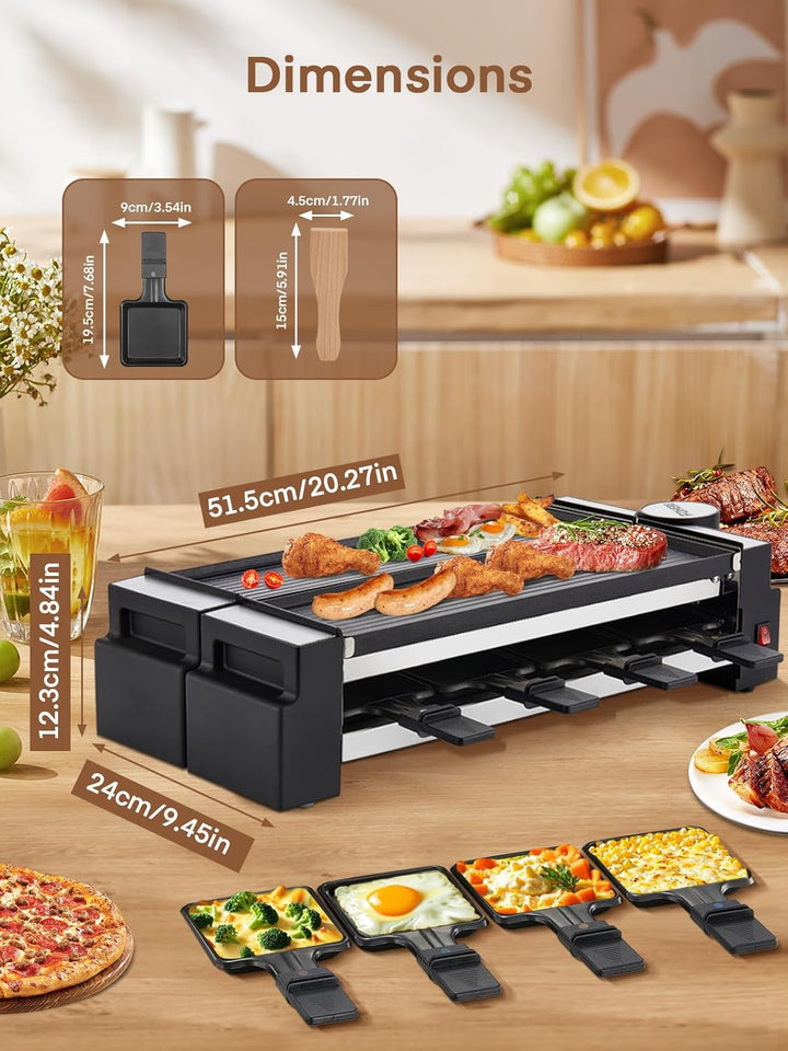 FOHERE Raclette Grill, Drehbarer Raclette 8 Personen mit Antihaftbeschichteter Backplatte und 8 Käse