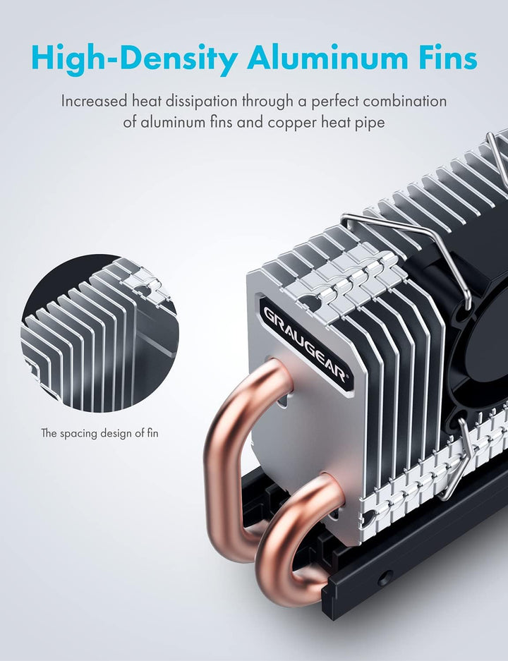 GRAUGEAR | M.2 NVMe SSD (2280) Kühler | Heatpipe Kühler mit Lüfter für M.2 SSD | aktive | 25mm PWM-L