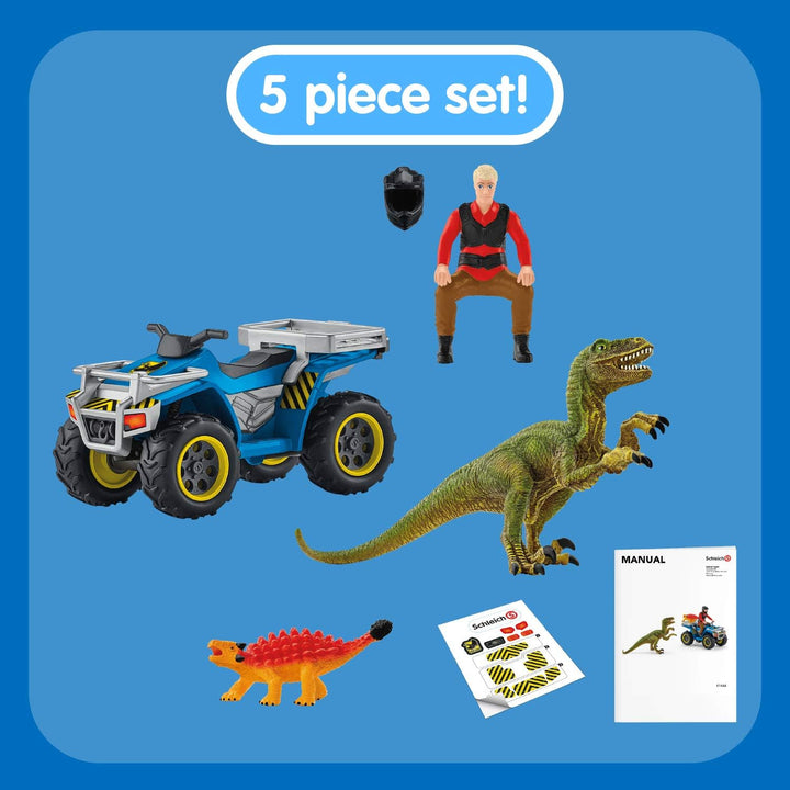 SCHLEICH 41466 Flucht auf Quad vor Velociraptor, für Kinder ab 5-12 Jahren, Dinosaurs - Spielset Sin