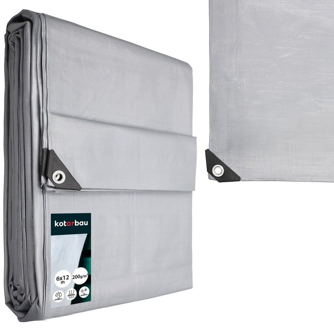 KOTARBAU® Gewebeplane 6x12 m Silber 200g/m2 Abdeckplane Verstärkten Ösen Schutzplane Bauplane Kordel