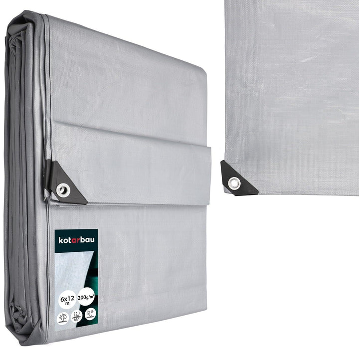 KOTARBAU® Gewebeplane 6x12 m Silber 200g/m2 Abdeckplane Verstärkten Ösen Schutzplane Bauplane Kordel