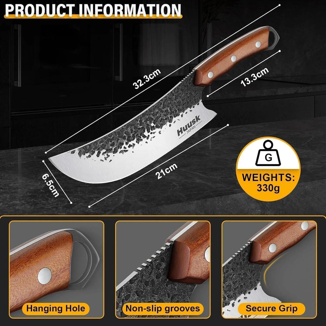 Purple Dragon Messer, Handgeschmiedetes Fleischmesser mit Lederscheide, Ultra Scharfes ATS-34 Hackme