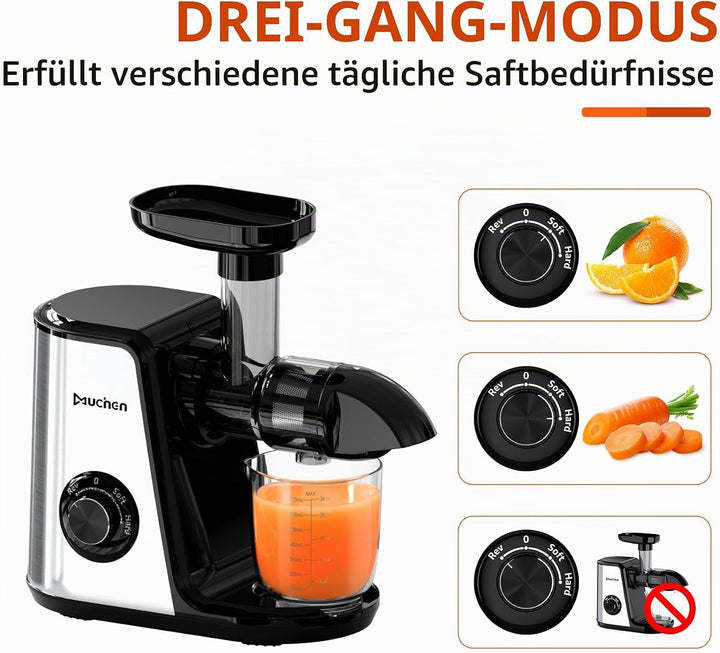 Muchen Slow Juicer Entsafter Gemüse und Obst Testsieger 150W Leiser Motor, Rückwärtszerkleinerung, E
